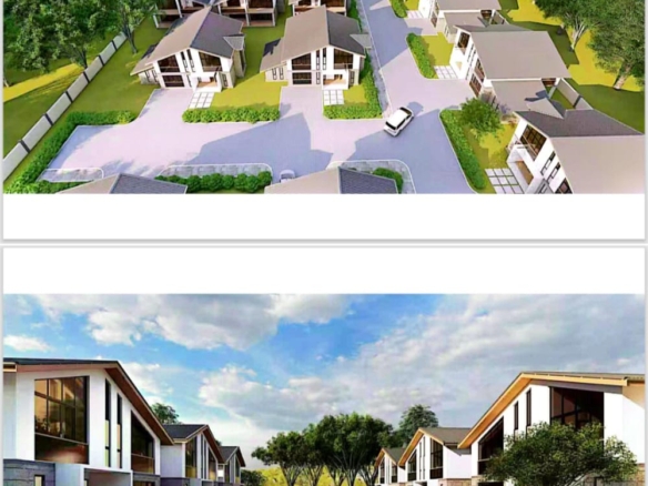 Exterior view showing the elegant two-level villas with landscaped surroundings and paved driveways.