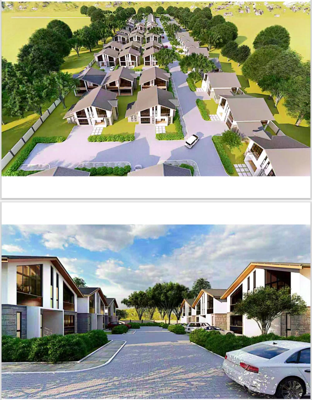 Exterior view showing the elegant two-level villas with landscaped surroundings and paved driveways.