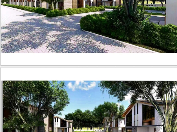 Exterior view showing the elegant two-level villas with landscaped surroundings and paved driveways.