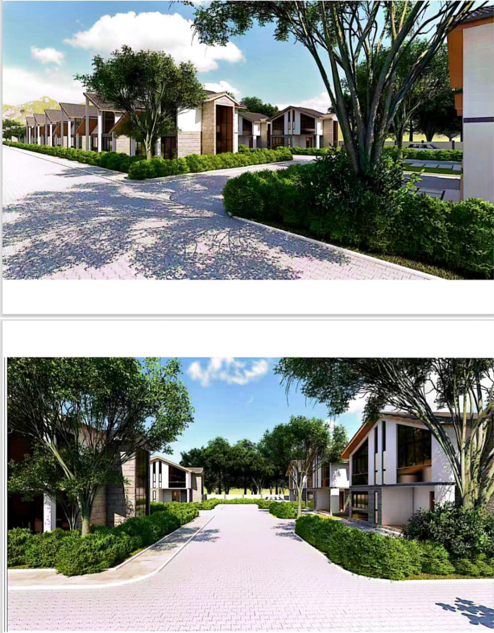 Exterior view showing the elegant two-level villas with landscaped surroundings and paved driveways.