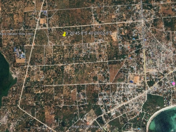 1-acre flat land for sale in Dabaso Watamu with coconut trees near creek view, ideal for residential or hospitality development.