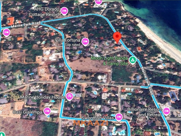 Luxury 4-bedroom en-suite villa for sale near Marine Park Road Malindi with shared pool, private garden, and makuti roof.