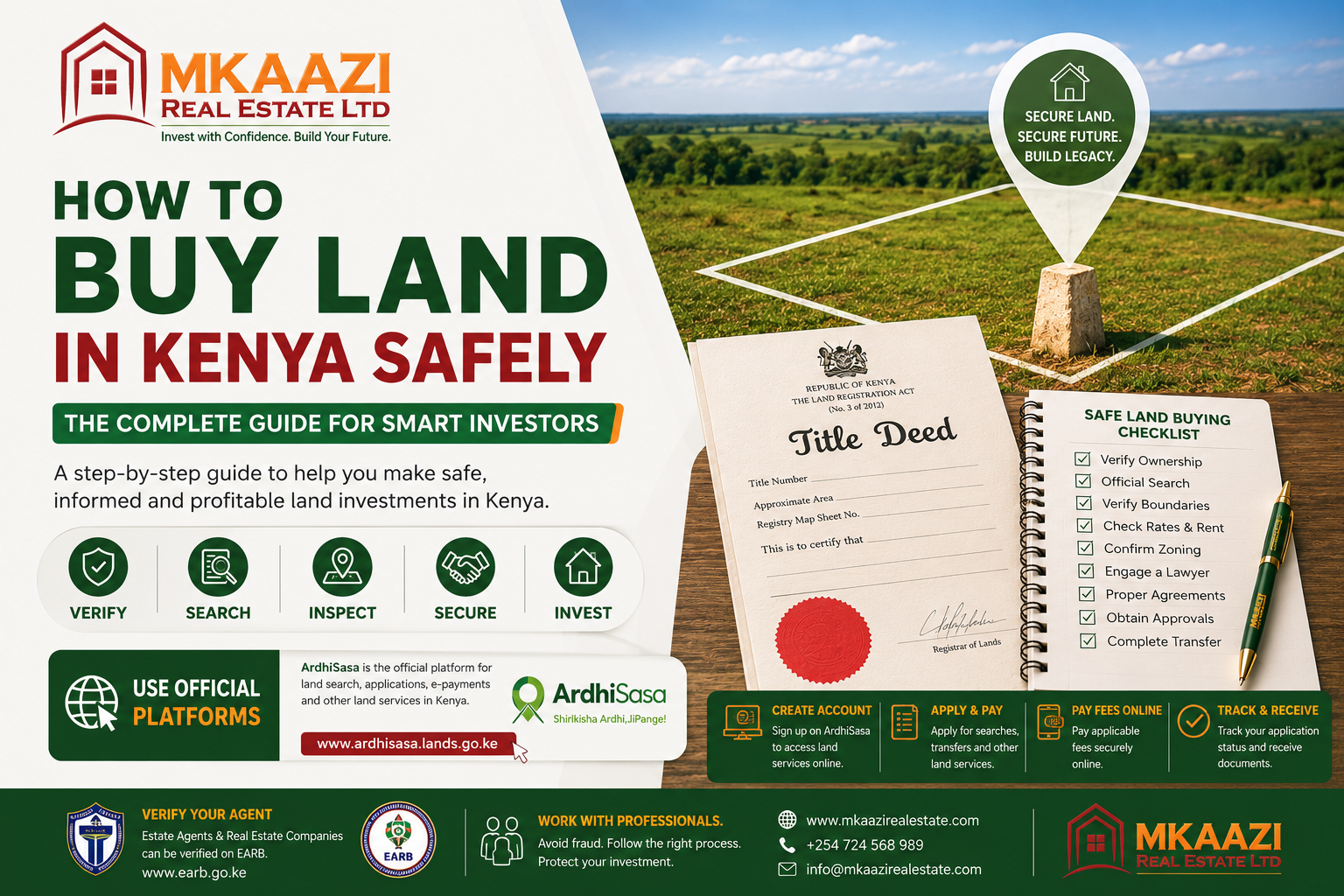 Mkaazi Real Estate guide to buying land safely in Kenya featuring title deed verification, due diligence checks, and secure property investment practices.