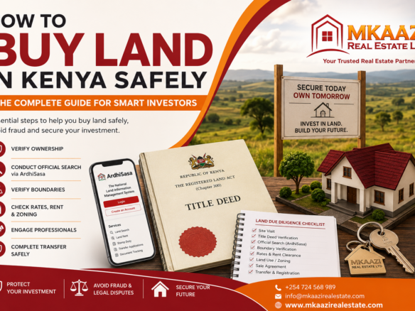 Professional infographic by Mkaazi Real Estate showing how to buy land in Kenya safely, including title deed verification, ArdhiSasa land search, boundary verification, due diligence checklist, and secure property investment steps for Kenyan diaspora buyers and local investors.