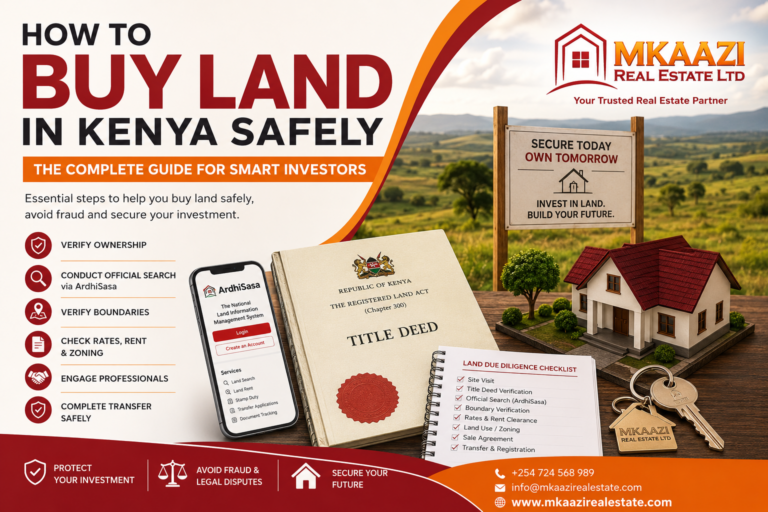 Professional infographic by Mkaazi Real Estate showing how to buy land in Kenya safely, including title deed verification, ArdhiSasa land search, boundary verification, due diligence checklist, and secure property investment steps for Kenyan diaspora buyers and local investors.