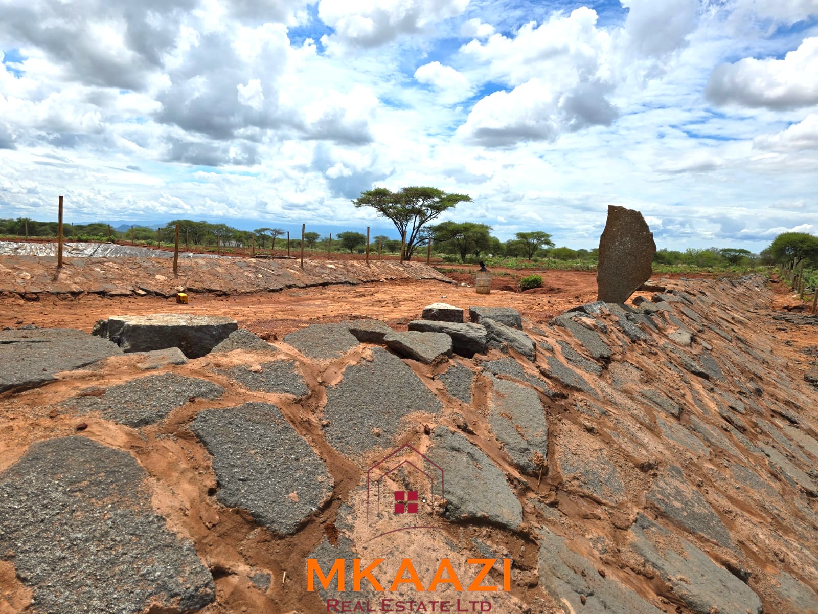 17-acre income-generating farm for sale in Mata, Taveta featuring mature Muguka cultivation, a 6-million-litre dam, borehole, irrigation system, indigenous trees, and electric fencing.