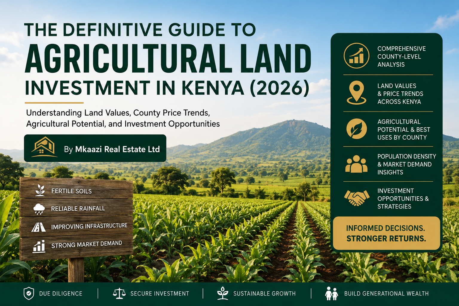 The Definitive Guide to Agricultural Land Investment in Kenya 2026 by Mkaazi Real Estate Ltd, featuring fertile farmland, county land price trends, agricultural investment opportunities, and market insights.