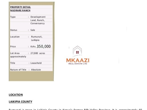 27,000-Acre Prime Ranch for Sale in Laikipia – Ngorare Ranch | KSh 350,000 per Acre