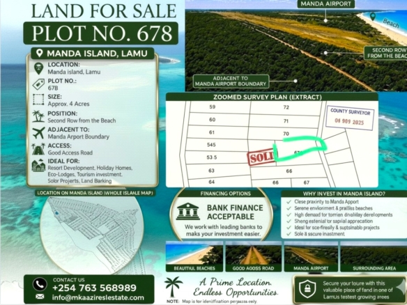 3.75-acre second-row beach plot for sale on Manda Island, Lamu, adjacent to Manda Airport and ideal for resort, eco-lodge, holiday home, or tourism development.