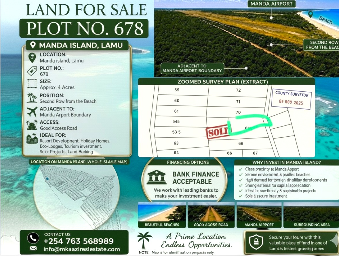 3.75-acre second-row beach plot for sale on Manda Island, Lamu, adjacent to Manda Airport and ideal for resort, eco-lodge, holiday home, or tourism development.