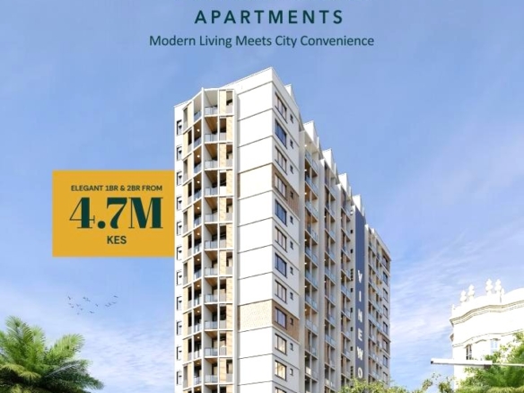 Vinewood Apartments Nairobi West offering modern 1-bedroom apartments from KES 4.7 million, located near Nairobi CBD, Expressway, Strathmore University, and Nairobi West Hospital.