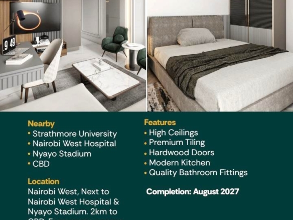 Vinewood Apartments Nairobi West offering modern 1-bedroom apartments from KES 4.7 million, located near Nairobi CBD, Expressway, Strathmore University, and Nairobi West Hospital.