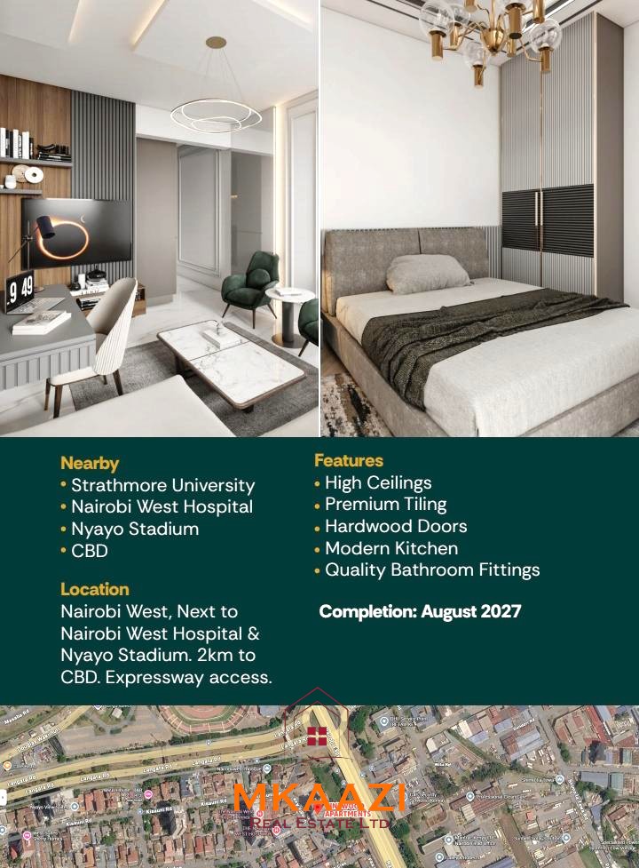 Vinewood Apartments Nairobi West offering modern 1-bedroom apartments from KES 4.7 million, located near Nairobi CBD, Expressway, Strathmore University, and Nairobi West Hospital.