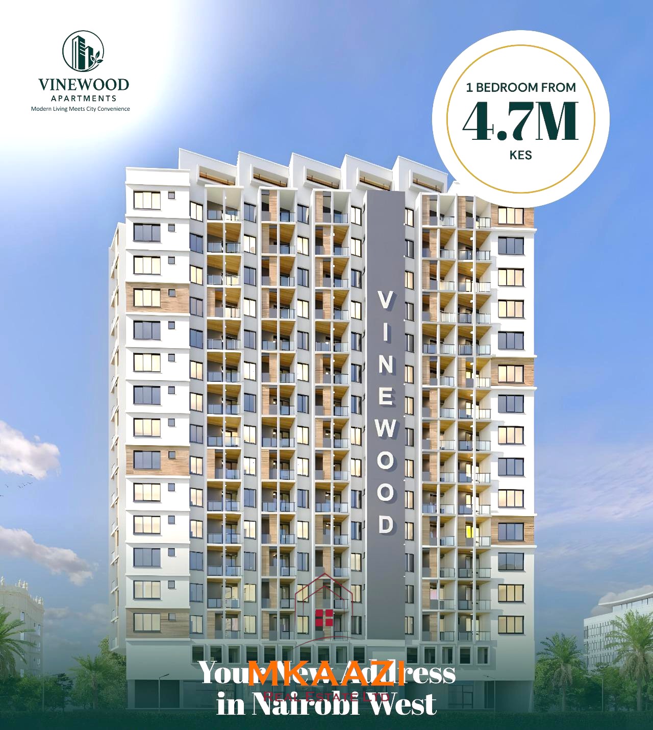 Vinewood Apartments Nairobi West offering modern 1-bedroom apartments from KES 4.7 million, located near Nairobi CBD, Expressway, Strathmore University, and Nairobi West Hospital.