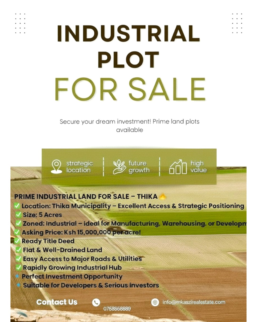5-acre industrial-zoned land for sale in Thika Municipality with ready title deed, flat terrain, and easy access to major roads and utilities.