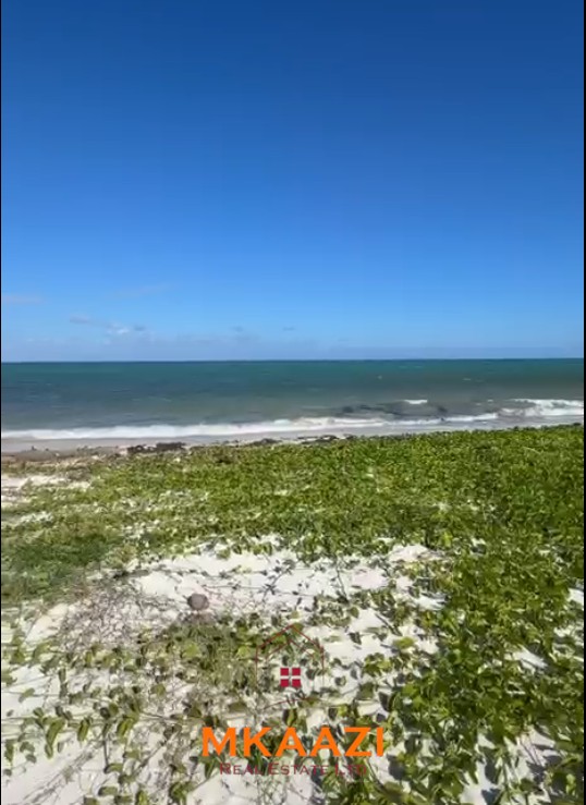 Prime 1.8-acre beachfront plot for sale in Mayungu featuring white sandy beach frontage, flat terrain, mature coconut trees, and a ready title.