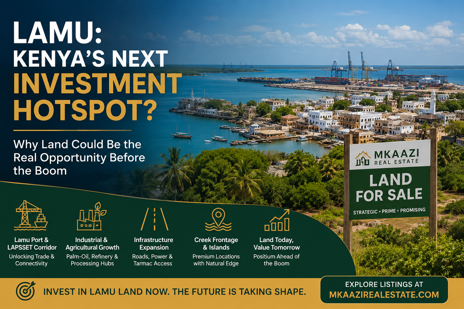 Lamu land investment opportunity showing Lamu coastline, port and surrounding development