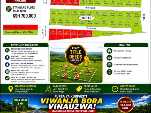 50×100 plots for sale at 10514 Titeeyio Hub along Emai–Loitoktok Road, 2km from Duka Moja. Ready title deeds, highway access and utilities underway.