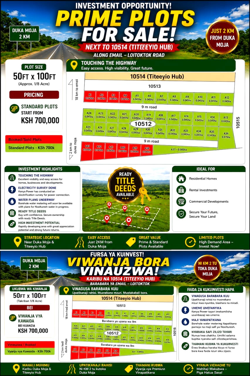 50×100 Plots for Sale at Titeeyio Hub | KES 700K 50×100 plots for sale at 10514 Titeeyio Hub along Emai–Loitoktok Road, 2km from Duka Moja. Ready title deeds, highway access and utilities underway.