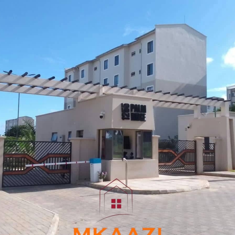 Fully furnished 3-bedroom ground-floor apartment for sale at Palm Ridge, Vipingo, featuring two bathrooms, swimming pool, green parks, parking, and 24/7 security.