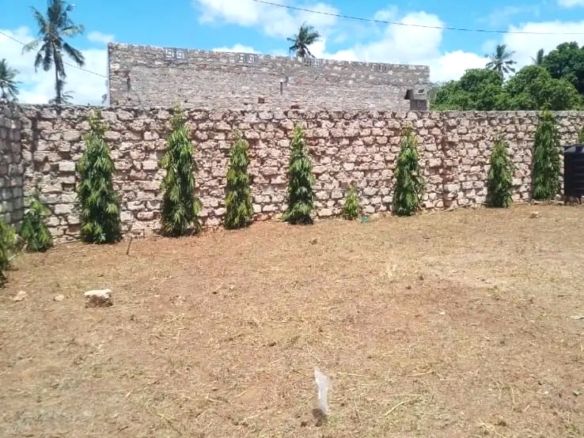Secure flat plot for sale in Mavueni, Kilifi, featuring a coral stone perimeter wall, heavy gate and convenient access to the Malindi Highway and Kilifi Town.