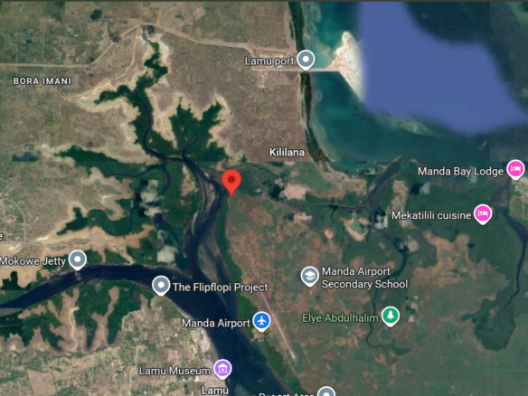 Prime 5.75-acre oceanfront land for sale in Manda Island, Lamu, overlooking Lamu Port and surrounded by scenic coastal and mangrove views.
